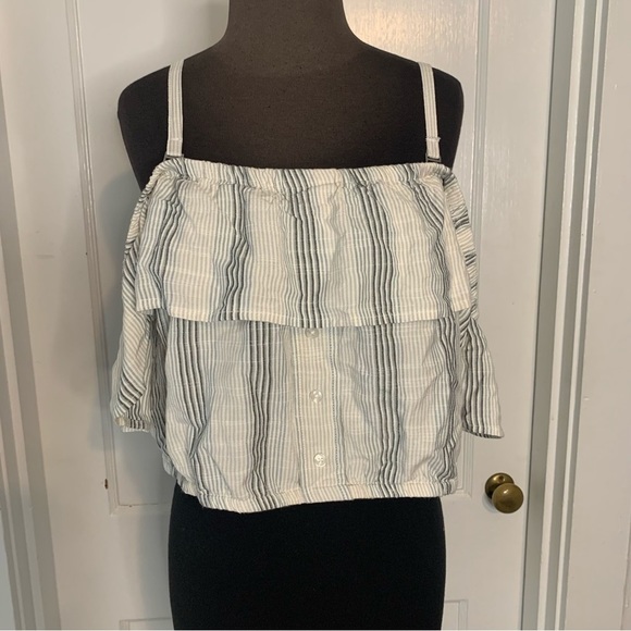 Volcom Crop Top Womens 18W NWT Striped Spaghetti Strap Off Shoulder Blue Tan - Picture 1 of 10